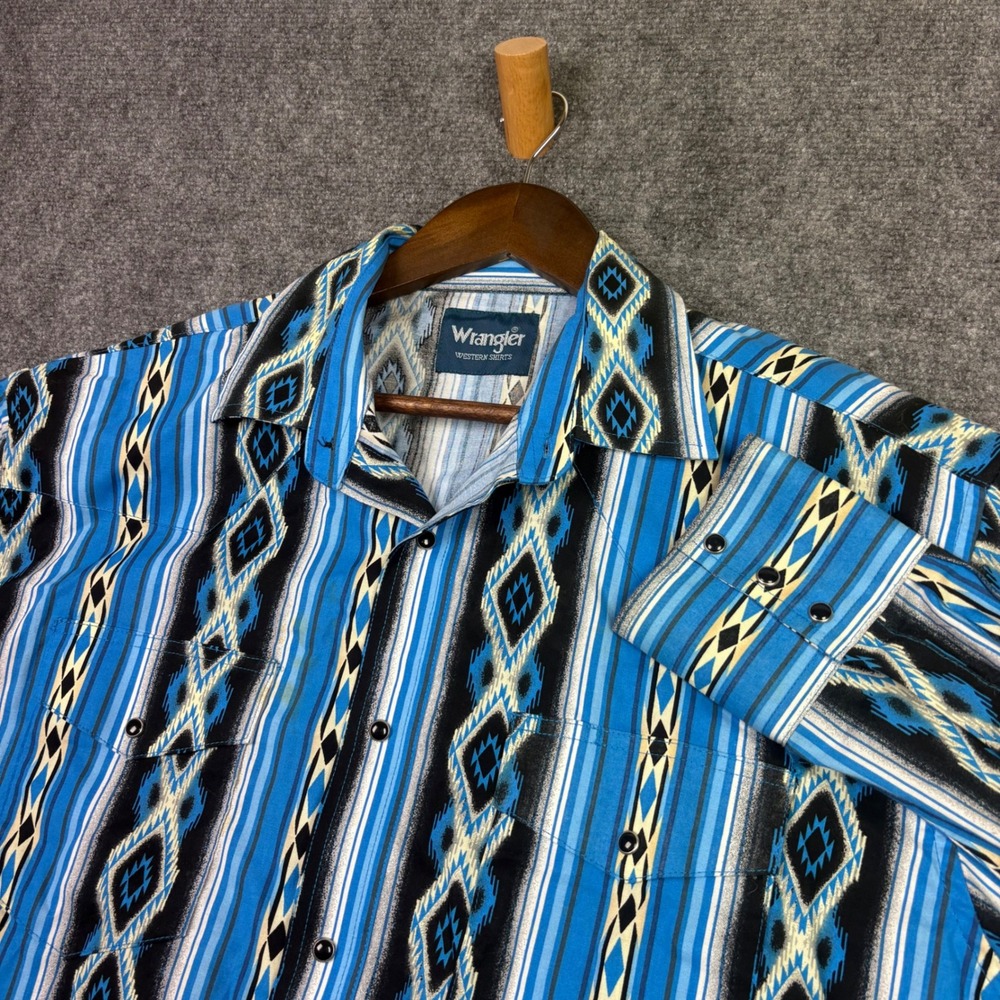 Wrangler Western Shirt Mens Large Blue Aztec Geometric Stripe Cotton MC1285M